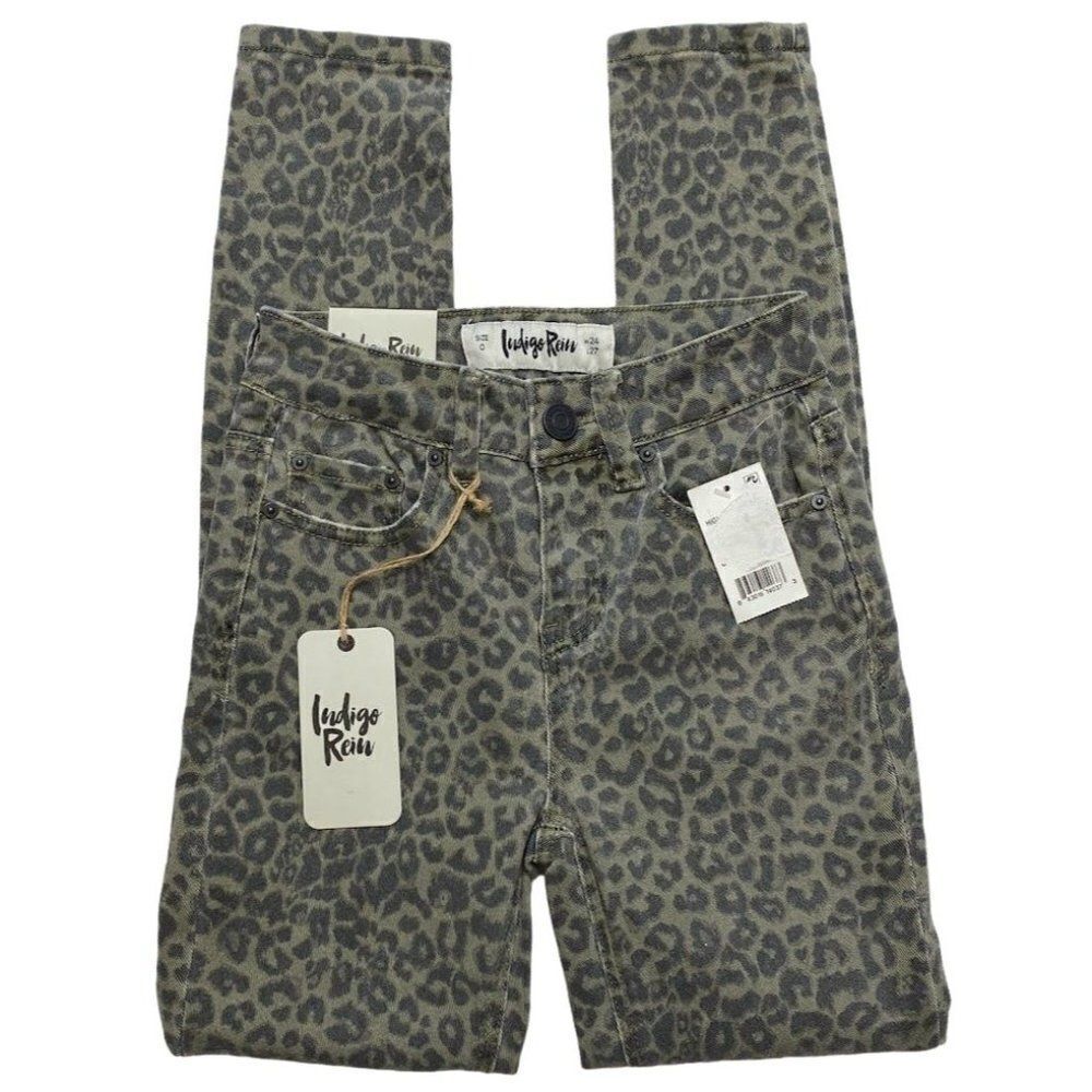 Indigo Reign Skinny Ankle Jeans Women's 24 XS Gray Taupe Leopard Stretch Hi-Rise